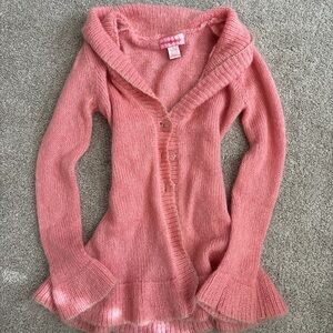 Women’s Pink Shawl-Collar Button Cardigan with Ruffle Hem